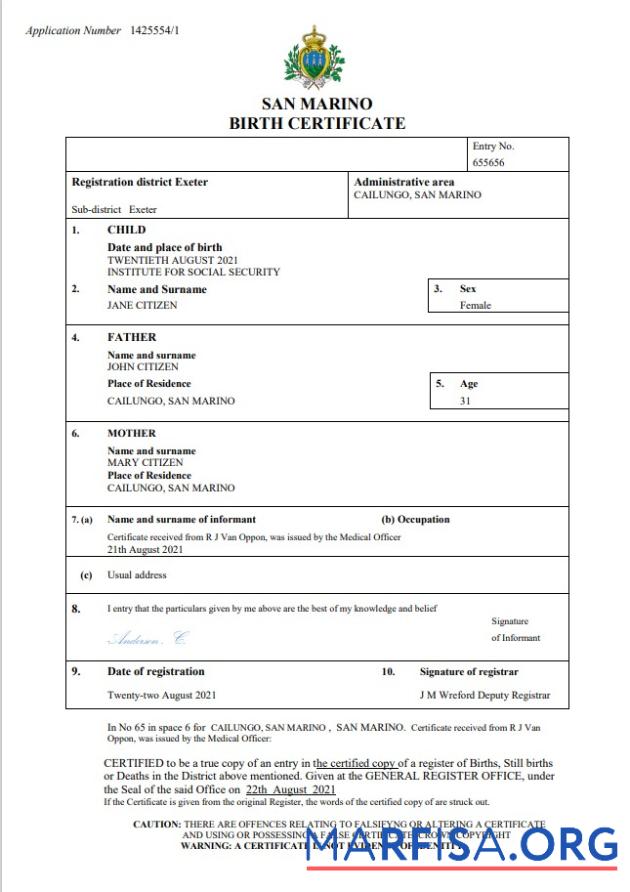 Realistic San Marino birth certificate Word and PDF template